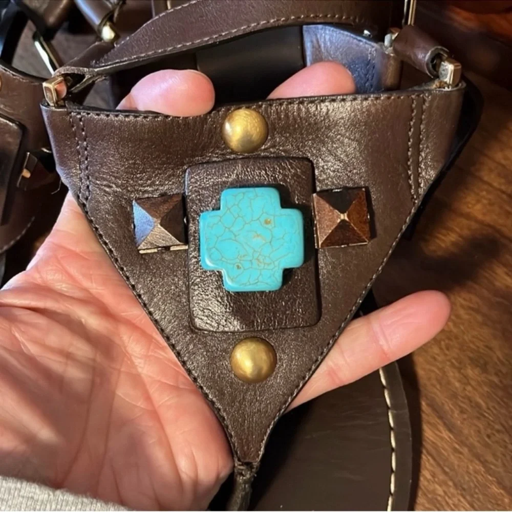 Tory Burch Brown Sandals with Turquoise Accents, Size 7, EUC